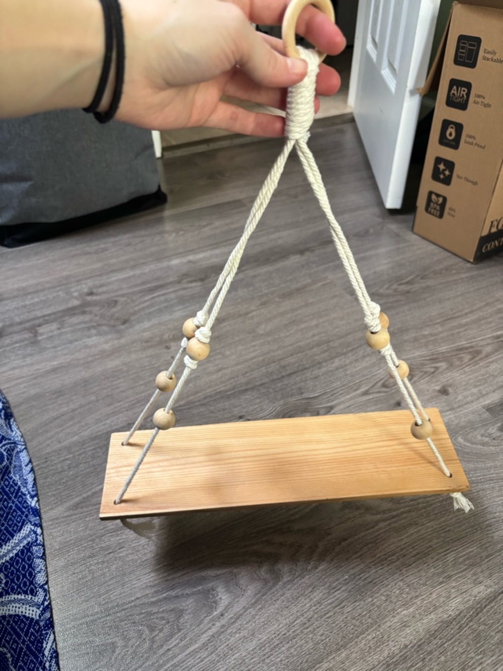 Wooden Hanging Shelf with Beaded Rope